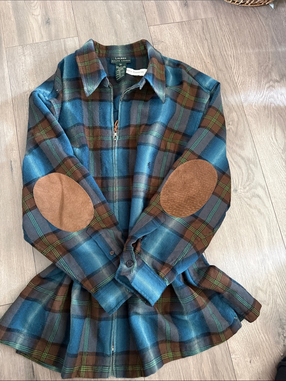 Ralph Lauren Blue and Brown Plaid Zip-Up Utility Jacket with Suede Elbow Patches
